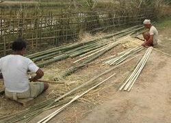 Bamboo being split to construct the shade structure made of thatch roof